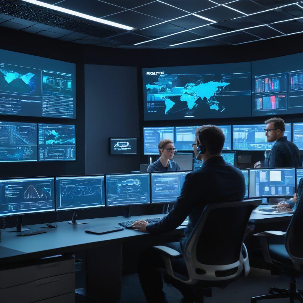 A sophisticated IT control room filled with monitors displaying patch updates, lifecycle charts, and security metrics. A team of diverse professionals discussing around a large digital screen showcasing a comprehensive timeline of patch deployment stages. Hints of cybersecurity elements and futuristic data visualization tools in the background. super-realistic. vibrant colors. high-tech atmosphere.