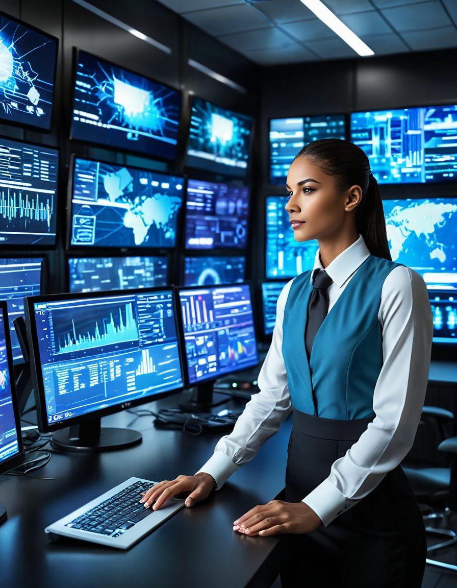 A confident IT professional in a sleek control room filled with multiple monitors displaying various software dashboards and update progress bars. The background shows a modern city's skyline reflecting continuous, seamless data flow. Incorporate elements like gears, software icons, and security shields as holograms. intense focus. digital art. vibrant colors. high-tech futuristic style.